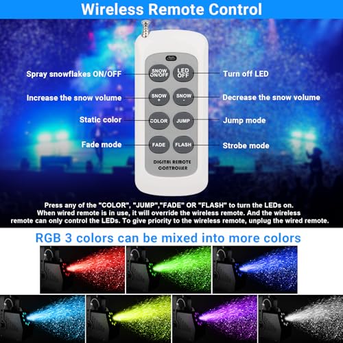 fake snow machine with 9leds light - 1500w artificial snow making machine with 7 color lights effect snowflake maker by remote control for kids wedding party stage christmas decorations