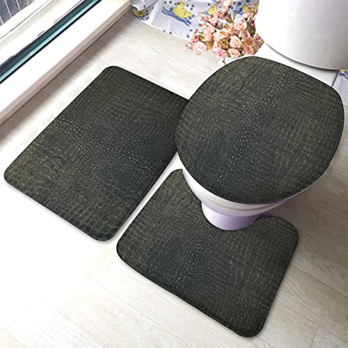 Badezimmerteppich-Set aus 3 Teilen, einzigartiger Bezug Krokodil schwarz Kupfer metallisch strukturiert, waschbarer Badteppich, rutschfest, mit Rückenpolster, Konturteppich und Toilettendeckelbezug