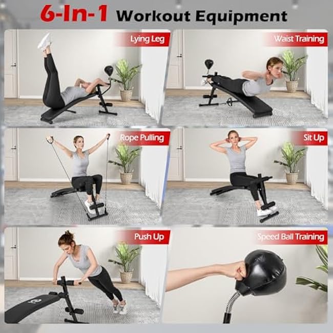 Goplus Adjustable Decline Sit Up Bench for Exercise, Foldable Curved Slant Bench with Speed Ball, Pump & 2 Resistance Bands, Heavy Duty Metal Frame, Full Body Ab Workout Equipment for Home Gym, Black