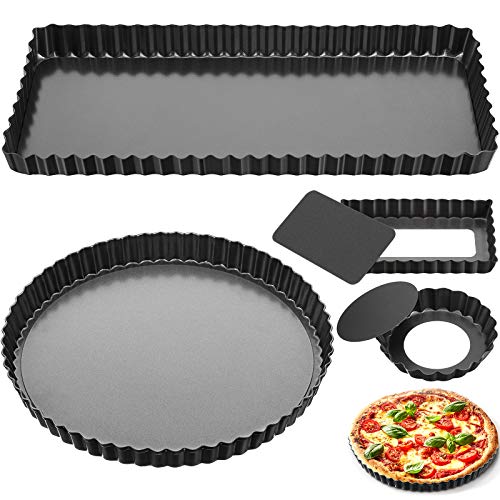 2 Shapes Tart Pan Removable Bottom with 4 Sizes Rectangle and Round Quiche Pan Non-Stick Pie Tart Baking Dish Pan Carbon Steel Quiche Pan for Kitchen Cooking Baking, 4 Pieces
