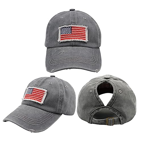 Promindfun Womens Ponytail High Messy Bun Hats Distressed Baseball Caps Unconstructed Washed Dad Hat Girls Trucker Ponycaps (12-Classic Flag Grey) #TOP12
