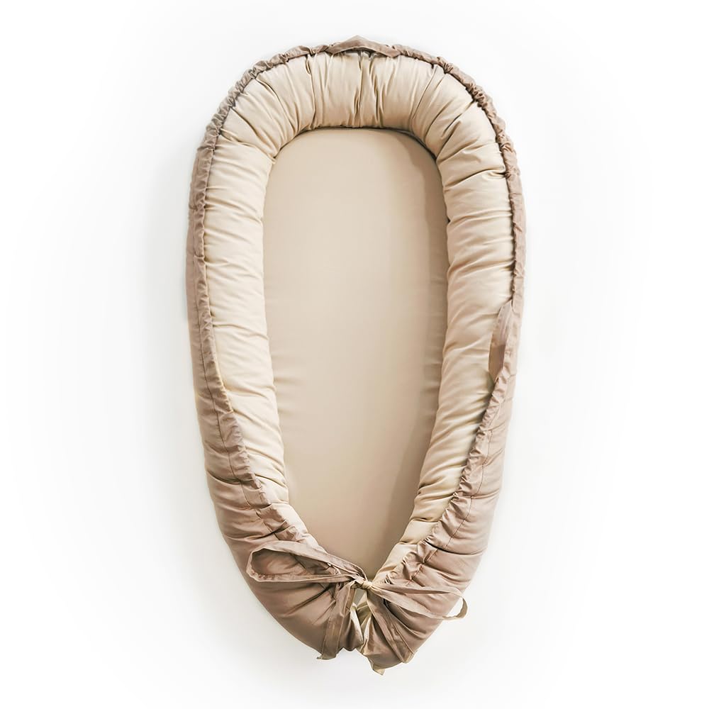 Baby Nest, Baby Lounger Cover for Baby, Reversible & Breathable Cotton, Adjustable Baby Floor Seat for Tummy Time, Portable Infant Lounger, Newborn Essentials for Baby (Beige) - Image 1 of 6