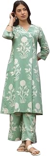 FIORRA Women's Pista Green Cotton Flared Kurta Set Price In India