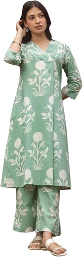 FIORRA Women's Pista Green Cotton Flared Kurta Set