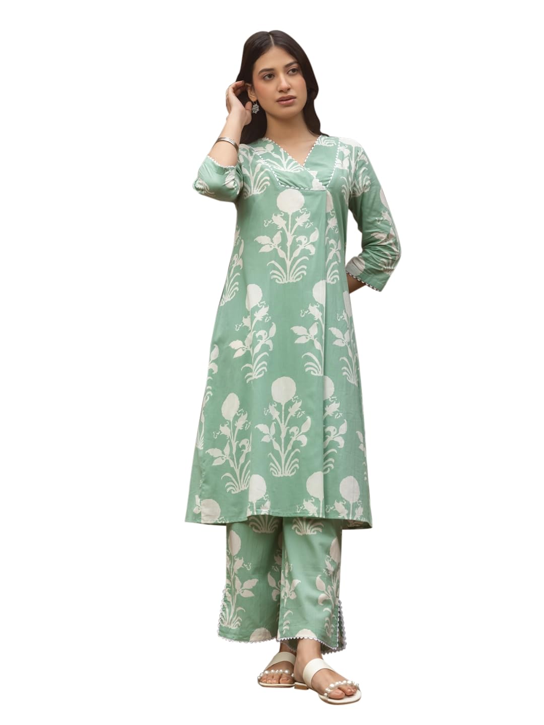 fiorra Women's Pista Green Cotton Flared Kurta Set-picture-36
