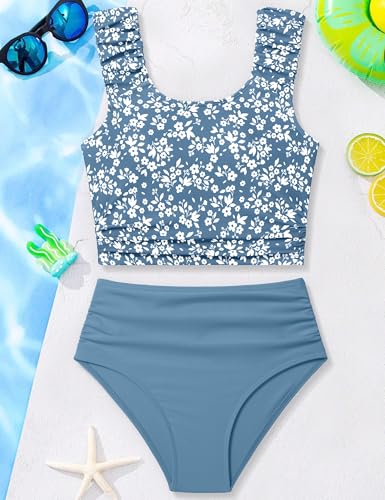 Image of Girls Tankini Swimsuit 2 Piece Bathing Suit Twist Cross Back Cutout Swim Tank Top Floral Print Swimwear for 7-18Y