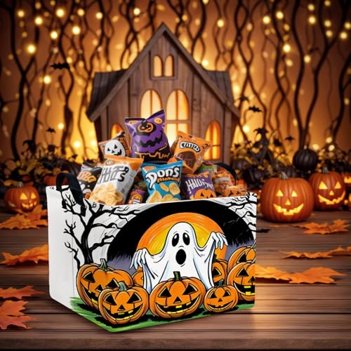 Image of Large Halloween Basket Gift Cute Ghost Pumpkin Parties Decor Kid Trick or Treat Basket for Boys and Girls Rectangular Storage Bin Box (Great Ghost)