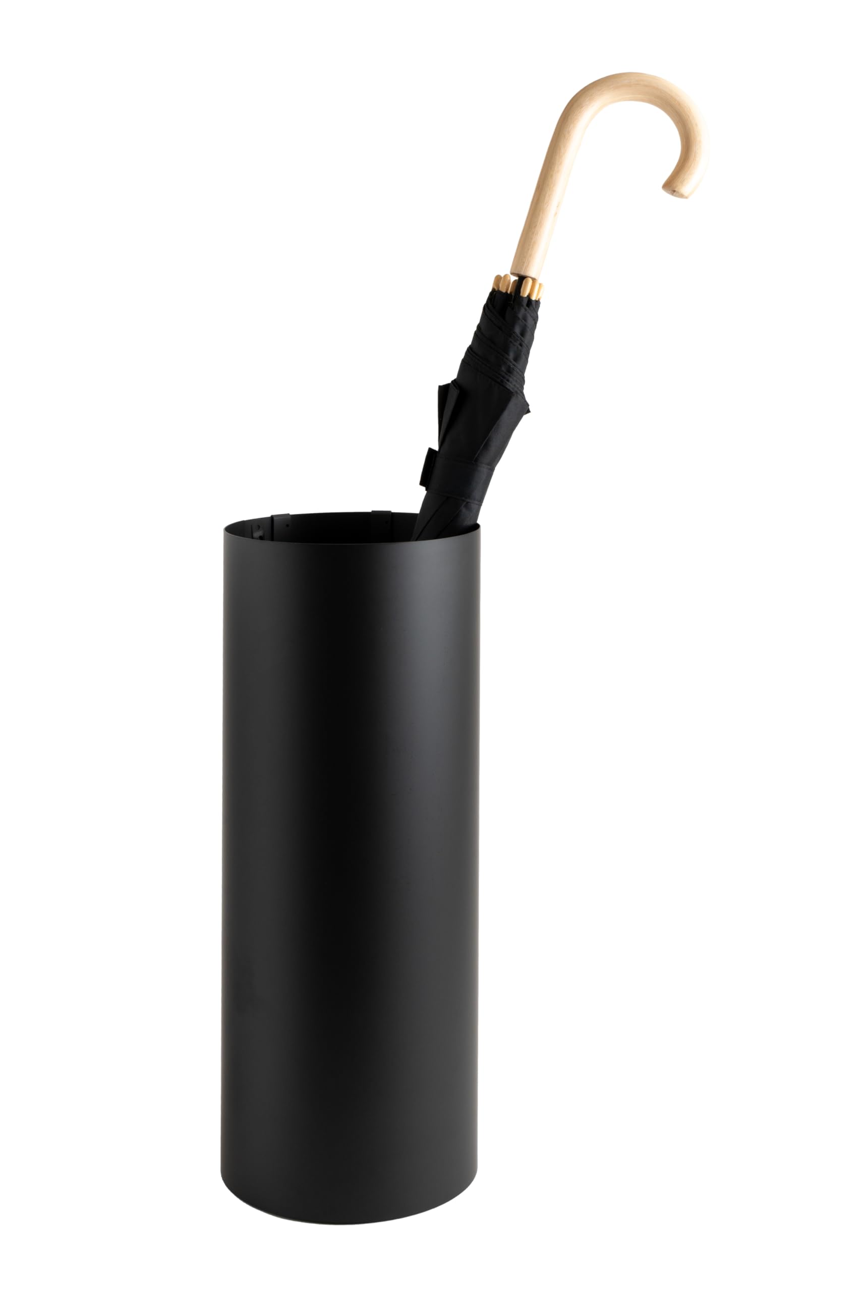 Schirmständer mit modernem Design aus Metall, rund schwarz, für Heim und Büro, Design-Ständer, 2 Haken, 2x Wasserauffangschale herausnehmbar, 49cm hoch, 19cm Durchmesser, Regenschirmständer