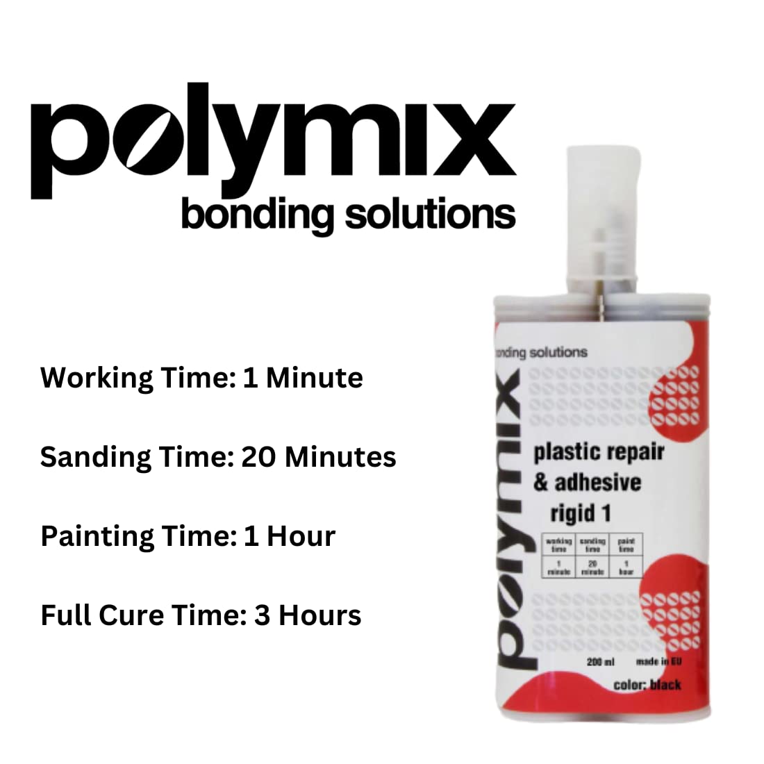 Polymix Rigid Automotive Multipurpose Plastic Repair and Adhesive 200ml Cartridge & Two Application Mixing Nozzles (Black)