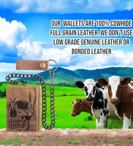 Image of F&L CLASSIC RFID Blocking Men's Tri-fold Vintage Biker Cowhide Leather Steel Chain Wallet,Snap closure, brown,skull,315-70