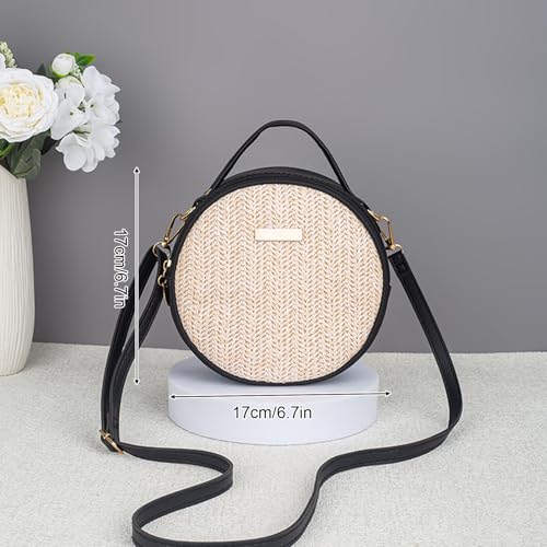 Bolso circular de ratán tejido para mujer, bolso de paja natural con asas de cuero sintético, ligero, ideal para verano, bandolera o tote miniatura 4