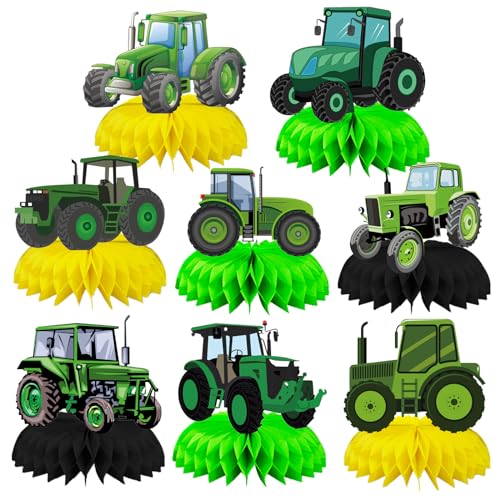 8 Pcs Farm Green Tractor Party Decoration, Farm Tractor Theme Honeycomb Centerpieces 3D Double Sided Table Decorations, Photo Booth Props for Kids Boys Girls Birthday Party Supplies