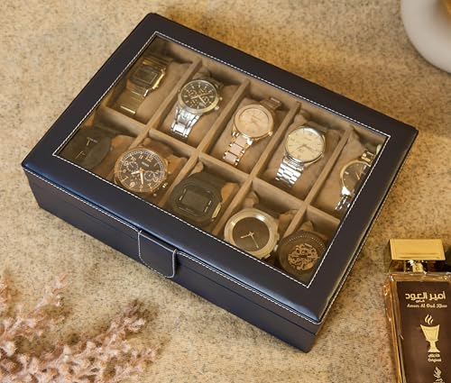 Image of Leather World Faux Leather Watch Box Organizer For Men & Women - Wrist Watch Box Holder 10 Slots - Removable Pillows Display Case - Gift for Loved Ones - Blue