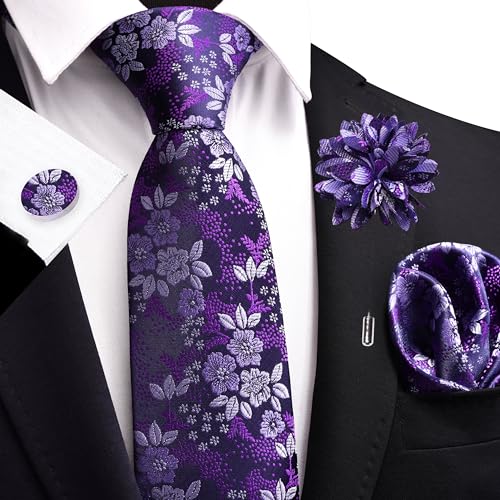Image of GUSLESON 3.15 inch（8cm） Mens Floral Tie and Lapel Pin Necktie Hankerchief Cufflinks Set for Men