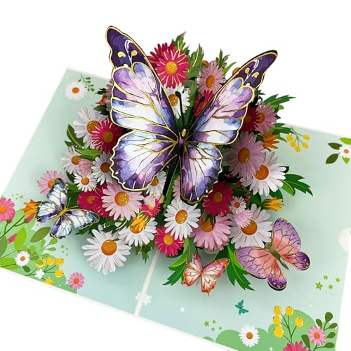 pekifaves Tarjeta de Felicitación 3D, Mariposas Daisy Tarjeta Pop-Up con sobre, tarjeta de felicitación de aniversario de boda, para esposa, novia, madre