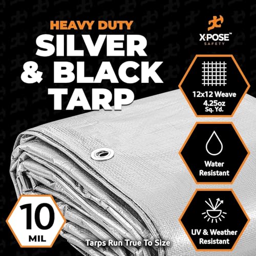 Image of Heavy Duty Poly Tarp 20' x 30' - Bulk Half Pallet (48 Pack) Thick Waterproof, UV Blocking Protective Cover - Reversible Silver & Black - 10 Mil Thick Polyethylene - by Xpose Safety