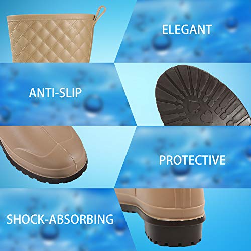 Petrass Women Rain Boots Black Waterproof, Mid Calf Lightweight Cute Booties, Fashion Out Work Comfortable Garden Shoes, Beige 5 #TOP4