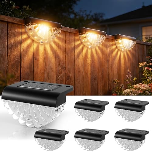 Solar Fence Lights, 6 Pack Shell Style Solar Lights Outdoor Garden, Warm White, Waterproof, 2 Installation Ways, Outdoor Lights Solar Powered for Steps, Pathway, Fence & Wall