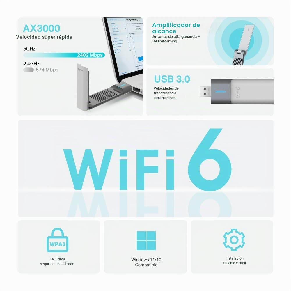 TP-Link Archer TX50UH - Adaptador WiFi USB, 2402 Mbps, WiFi 6, Gigabit | Actualiza tu PC con WiFi 6. Instalación Plug & Play. Conexión Estable. Compatible con Windows y macOS.