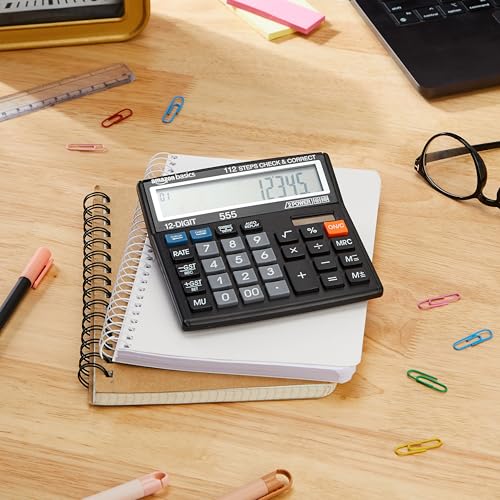 Image of Amazon Basics AB-555 12 Digits GST & Tax Calculator with 112 Steps Check and Correct, Basic Calculator, Black