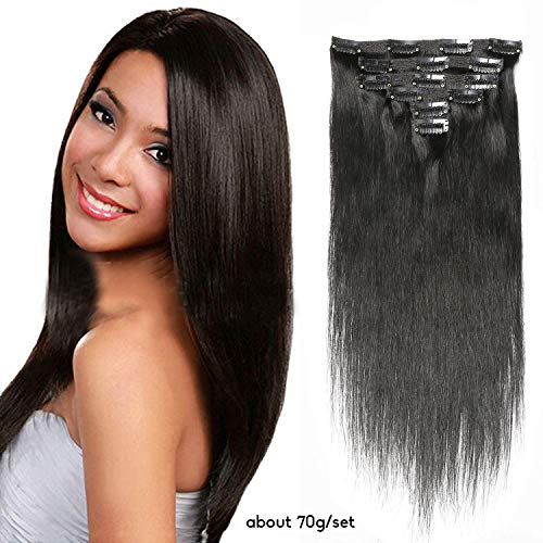 HEBE 14" Real Human Hair Clip in Extensions Full Head Double Weft Straight Clip in Human Hair Extensions 14 Clips 70g Natural Black Can be Dyed