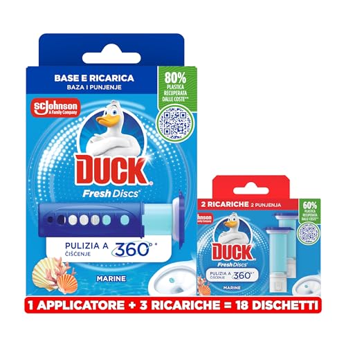 Duck Fresh Discs, Detergente Bagno con Applicatore, Dischi Gel Igienizzanti WC, Profumo Brezza Marina, Confezione con 1 Applicatore, 18 Dischetti Gel