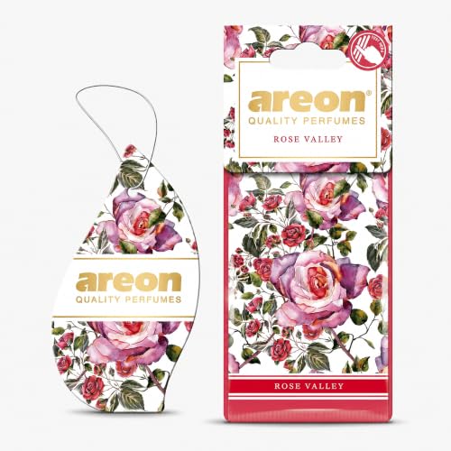 Image of AREON Rose Valley Hanging Air Freshener - Luxury Rose Floral Fragrance for Car, Home, Office, Long Lasting Perfume Aroma Odor Eliminator Decorative Scent Freshener (Pack of 3)