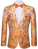 Barry.Wang Mens Floral Blazer Orange Notched Lapel Suit Jacket Flowers Paisley Tuxedo Party Night Out Bash Cocktails Fancy Dress