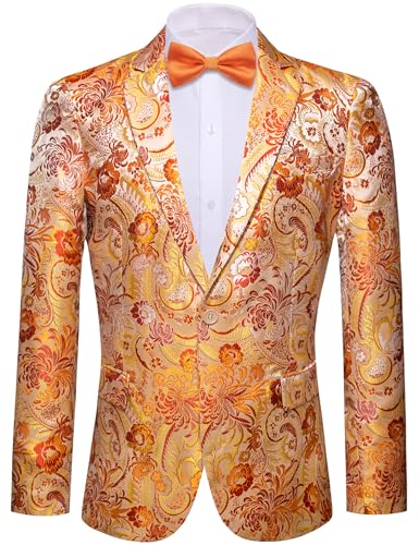 Image of Barry.Wang Mens Flowers Blazer Suit Jacket Floral Jacquard Notched Lapel Tuxedo Casual Sport Coat Disco Prom Wedding Party