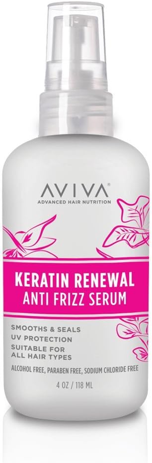 Aviva Keratin Renewal Anti-Frizz Serum – Heat and Color Safe – Paraben-Free, Alcohol-Free, UV Protection 4 OZ
