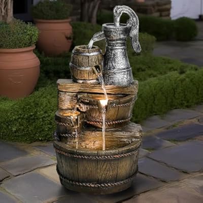 SKYFIRE 25.5” H Barrel Water Fountain with Pump - 5-Tiered Cascading Outdoor Water Feature with LED Lights for Garden, Patio, Yard, House, Home Decor, Rustic Style Outdoor Fountains Clearance