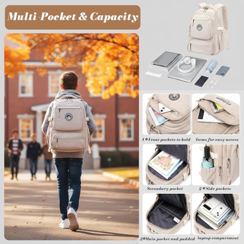 Image of PALAY School Trolley Bag Beige Nylon Trolley School Bags for Boys Girls Waterproof Rolling Backpack for Kids