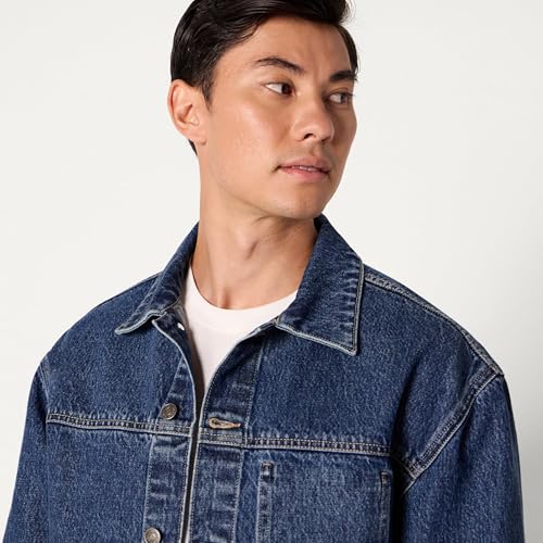 Image of Amazon Essentials Men's Heavyweight Rigid Denim Relaxed-Fit Utility Jacket with Pockets, Shank Button Closure