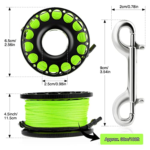 Scuba Diving Reel, Aluminum Alloy Wreck Cave Finger Spool With 30M/100Ft High Visibility Line And Double-Ended Bolt Snap Clip Fits For Outdoor Diving Activities Fluorescent Green #TOP6