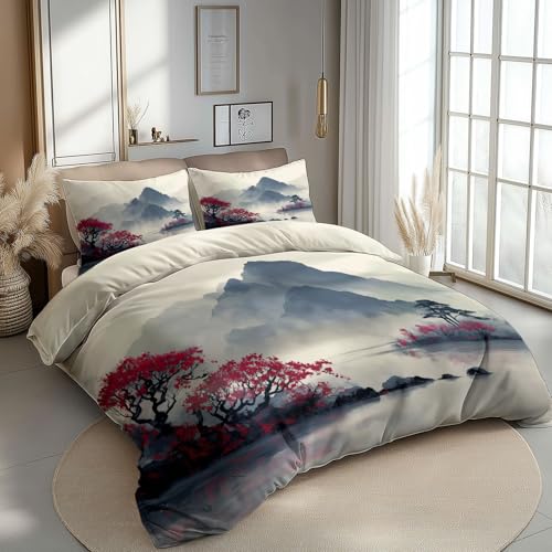 CozyRest Parure de lit Oriental Florale Peinture à l’Encre Esthétique Thème – 1 Personnes, 90 x 190 cm – Douce et Résistante aux Plis, Crème Housse...
