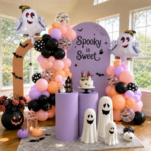 Image of Halloween Party Balloons Black Purple Pink with Bat Ghost Balloons | Pastel Halloween,Ghouls Night Decor,Girls Spooky One,Cute Birthday Party,Baby Shower Decorations