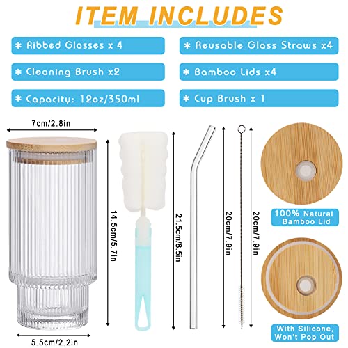 Uhapeer 12Oz Ribbed Drinking Glasses With Bamboo Lids And Straws Set Of 4, Ribbed Glassware Ribbed Glass Cups Vintage Glassware, Iced Coffee Glasses, Ribbed Wine Glasses For Cocktail, Juice, Smoothie #TOP2