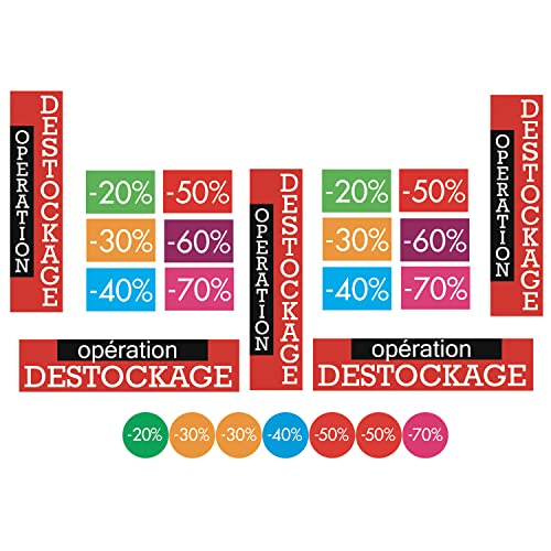 Affichesstore 30120 - Kit de 17 Affiches Papier Opération Destockage - 20% 30% 40% 50% 60% 70% & 315 Stickers - 20% 30% 40% 50% 70%