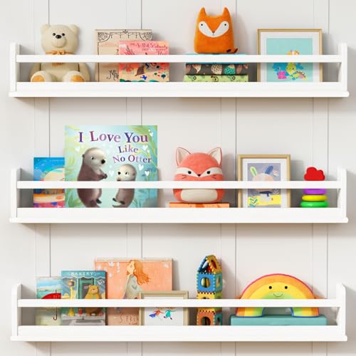 Harwaya Upgraded White Wall Bookshelf for Kids Room, 36 Inch Long Floating Nursery Book Shelves for Wall, Wider Hanging Bookshelves for Toddlers Childrens Clothes Kids Bedoom Playroom -Set of 3