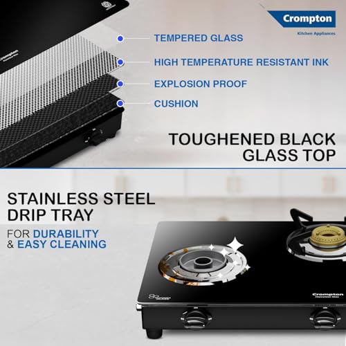 Image of Crompton FlameStar Max 3 Burner Glass Top LPG Gas Stove | 1 Jumbo & 2 Medium Brass Burner | Max Space | Easy Cleaning | Toughened Glass| Tri Pin Brass Burners |2 Year Manufacturer's Warranty