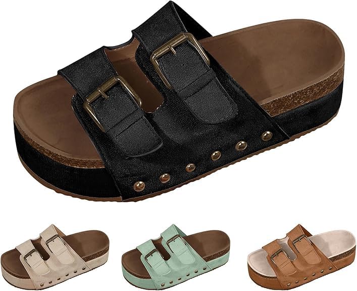 Sandales plateforme en liège mules compensées femme bout ouvert à boucle réglable