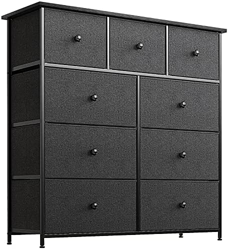 REAHOME 9 Drawer Dresser for Bedroom Chest of Drawers Closets Large Capacity Organizer Tower Steel Frame Wooden Top Living Room Entryway Office (Black Grey)