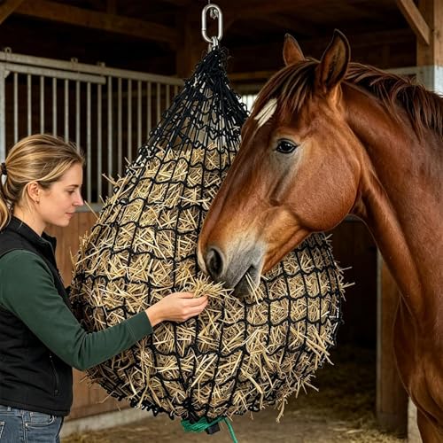 Filet à foin pour chevaux et chèvres avec crochet de suspension pour écurie et ferme