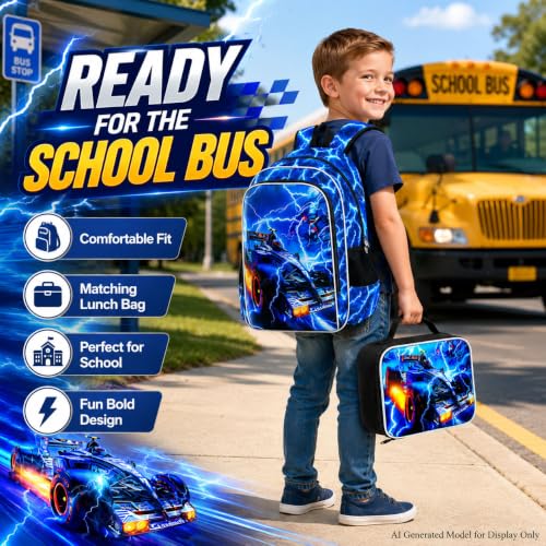 Image of 3Pcs Race Car Backpack, Boys Lightning Kids Bookbag with Lunch Box, 17 inch School Backpacks for Elementary Preschool Kindergarten (Blue)