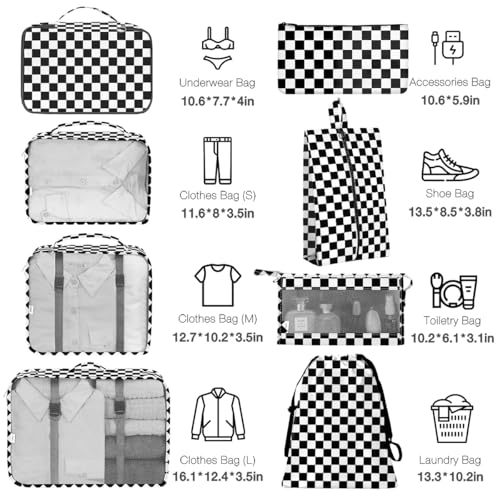 Image of 8 Set Packing Cubes for Suitcases,Packing Cubes with Shoe Bag, Cosmetics Bag, Clothing Bag, Accessories Bags Packing Cubes for Travel Luggage Organizer Women Men(Black White Checkered)