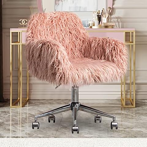 HomVent Faux Fur Vanity Chairs with Wheels Pink Furry Makup Desk Chair for Kids,Women,Grils,Cute Home Office Computer Chair,Swivel Task Arm Chairs for Bedrooms,Living Room,Study,Dressing Cover