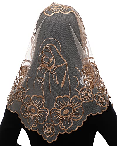 Bozidol Catholic Church Veil Traditional Mass Mantilla Chapel Lace Scarf Triangle Orthodox Prayer Veil (Brownish yellow)