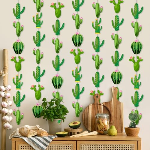 Image of Spakon 8 Pcs Cactus Garlands Decoration Fiesta Party Banner Mexican Taco Green Hanging Paper Garlands Tropical Plant Cutouts for Birthday Baby Shower Luau Hawaiian Carnivals Festivals Party Decor