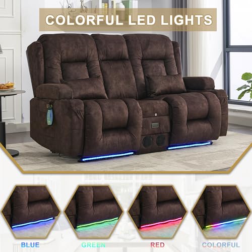 Image of URRED Power Loveseat Recliner Sofa with Massage and Heat, Wall Hugger Reclining Loveseat with Console, RV Couch Home Theater Seating with LED Lights for Living Room (Brown, 67 inch - 2 Seats)