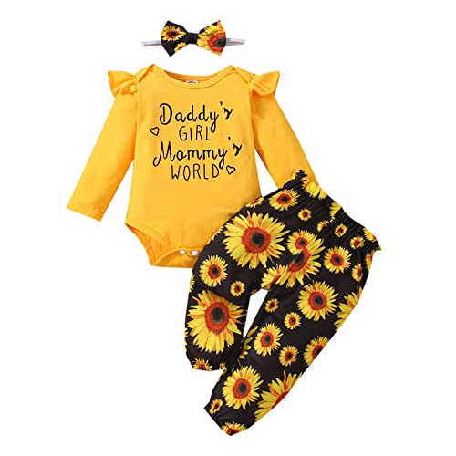 Image of vivifayee Infant Newborn Baby Girl Clothes Outfits Ruffled Long Sleeve Romper Pants Set Headband Toddler Clothing 3Pcs